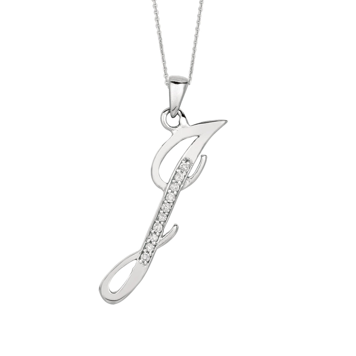 "J" Sterling Silver Rhodium Plated Script Initial Letter With Diamonds On 18 Inch Chain ( 0.05 Tcw) - JewelryAffairs