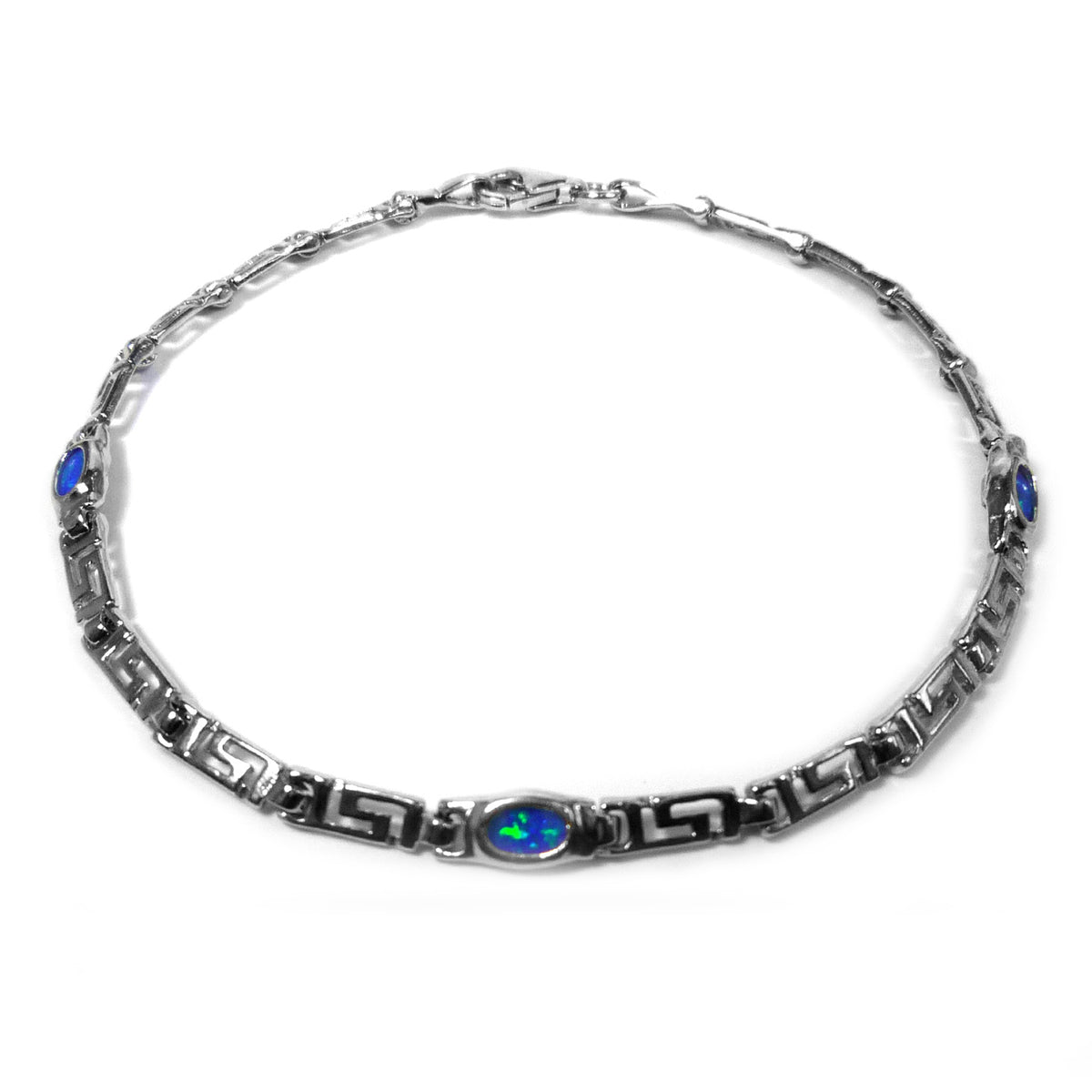 Sterling Silver Rhodium Plated Greek Key Bracelet and Synthetic Opal, 7.25" fine designer jewelry for men and women
