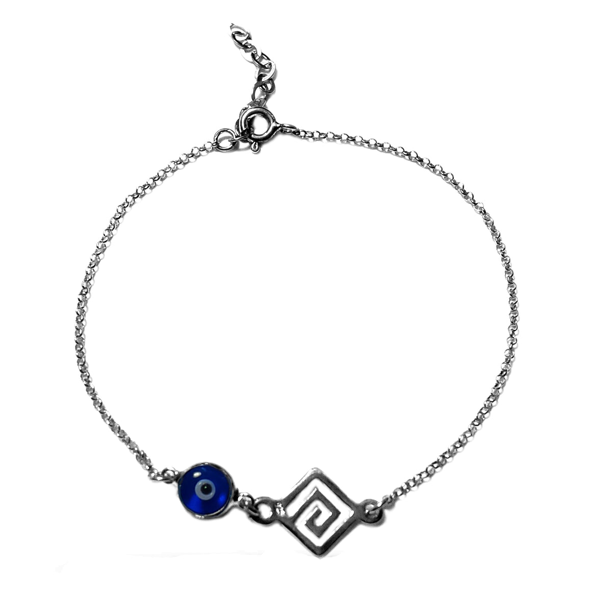 Greek Key Double Sided Evil Eye Adjustable Bracelet Sterling Silver, 7" to 8.5" fine designer jewelry for men and women