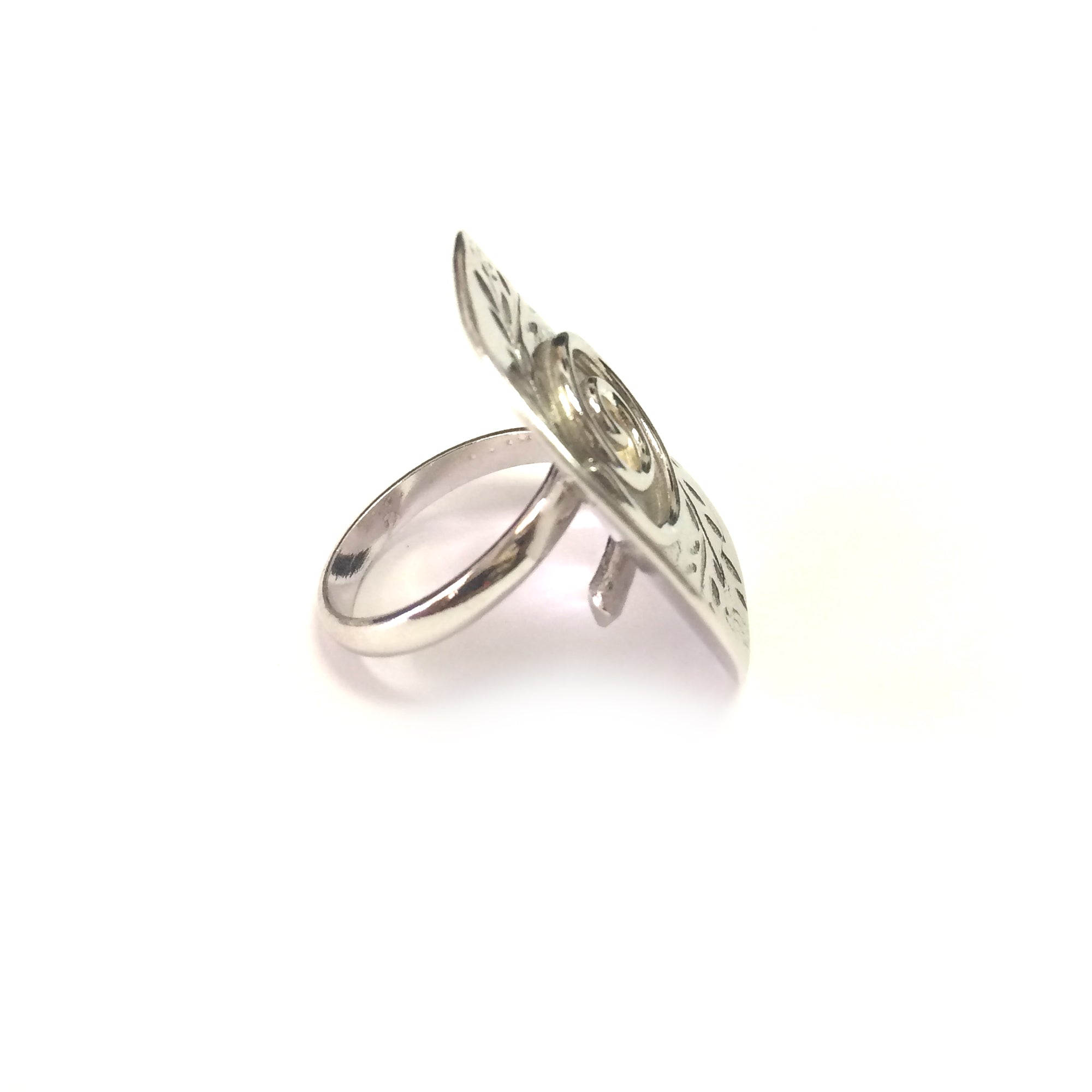 Greek Olive Leaf Disc Ring In Rhodium Plated Sterling Silver