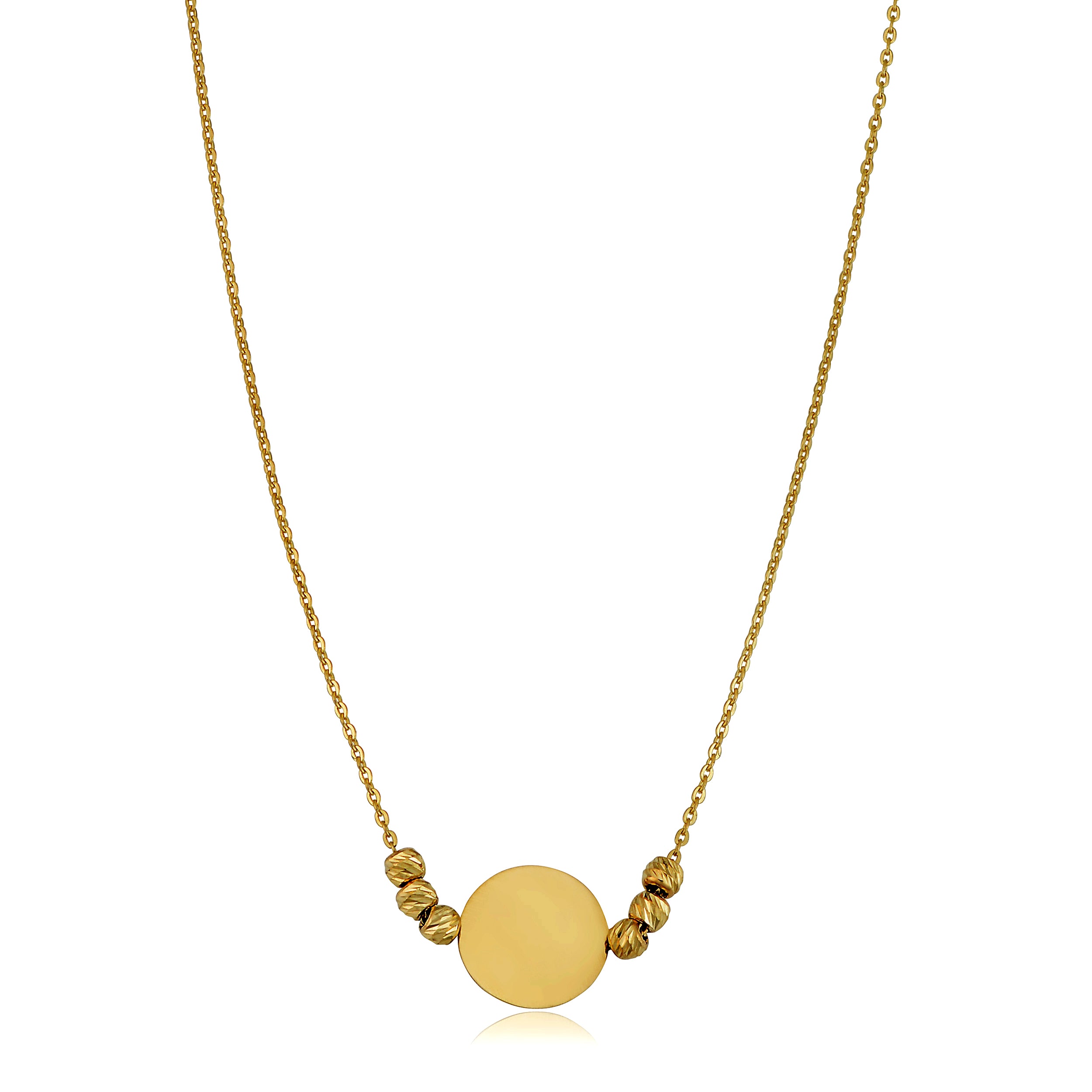 14K Yellow Gold Round Disc And Bead Necklace, 17" To 18" Adjustable fine designer jewelry for men and women