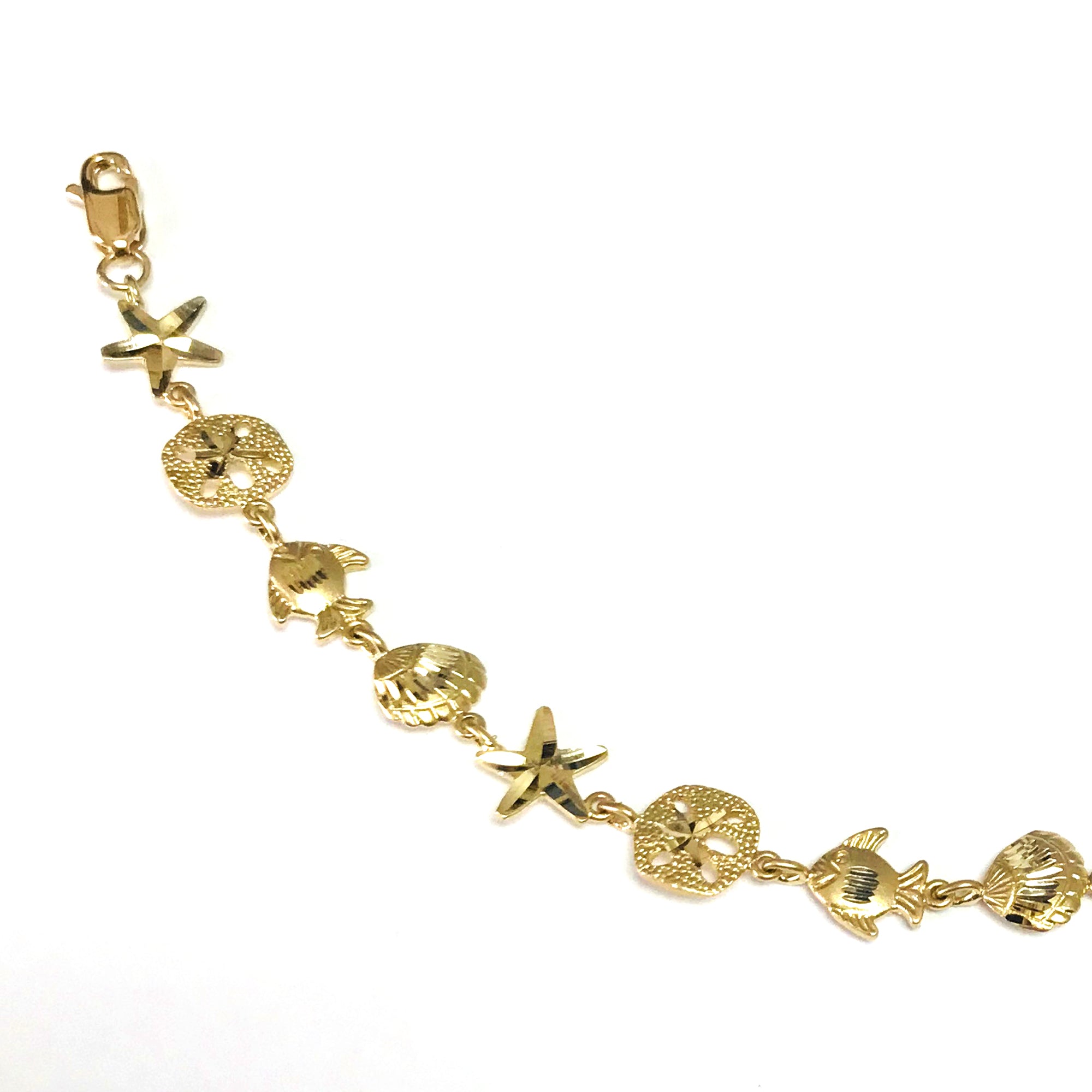 14k Yellow Gold Starfish Sand Dollar And Fish Bracelet, 7" fine designer jewelry for men and women