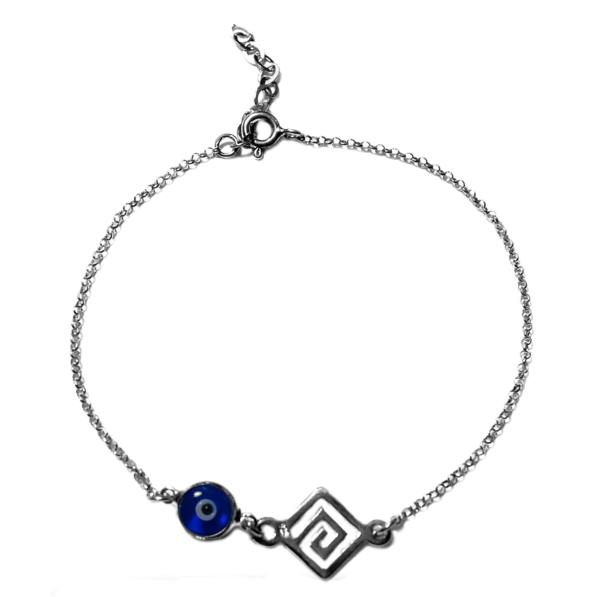 Maiandros Theme Double Sided Evil Eye Adjustable Necklace In Sterling Silver, 17" to 18" fine designer jewelry for men and women