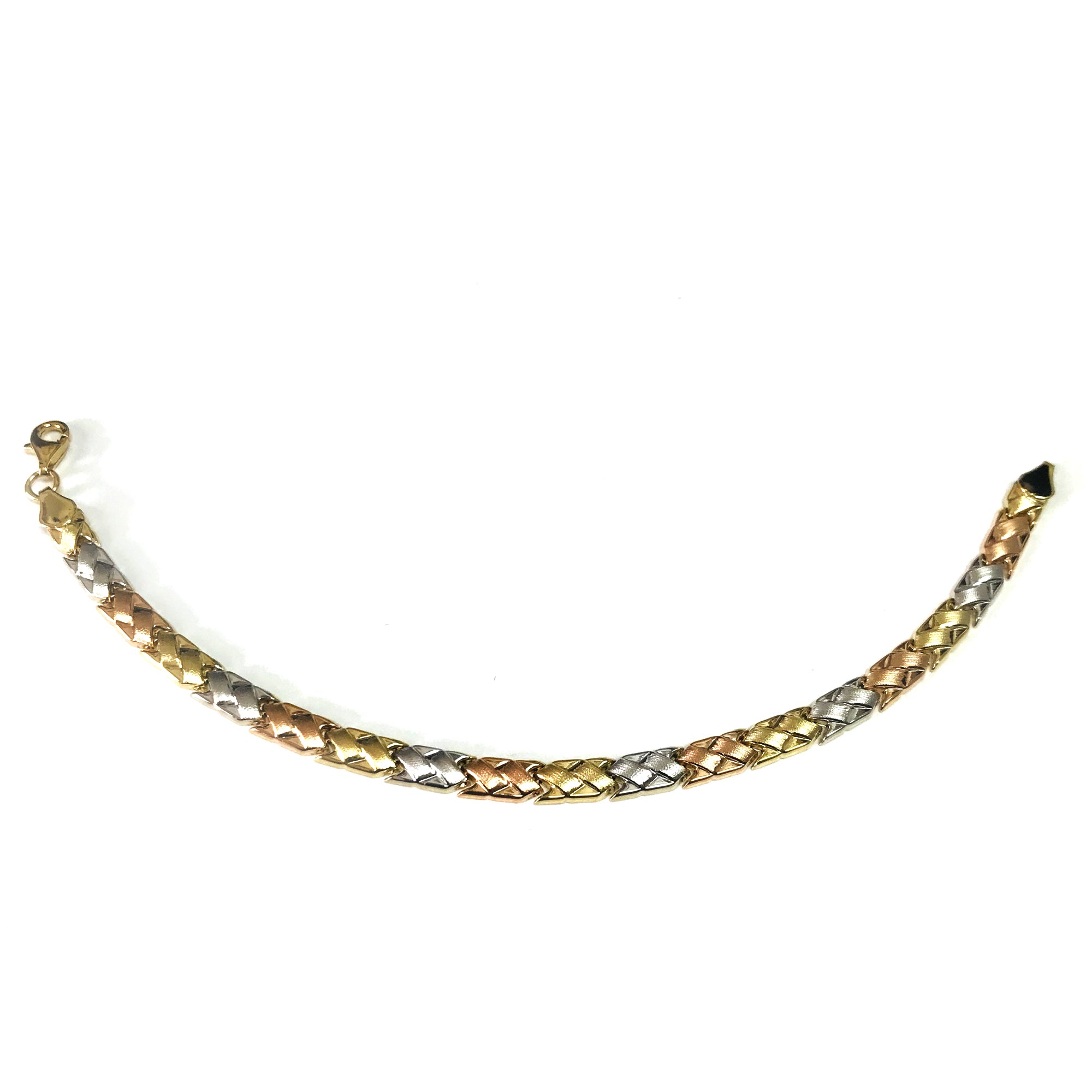 14k Yellow White And Rose Gold Weaved Fancy Bracelet, 7.25" fine designer jewelry for men and women