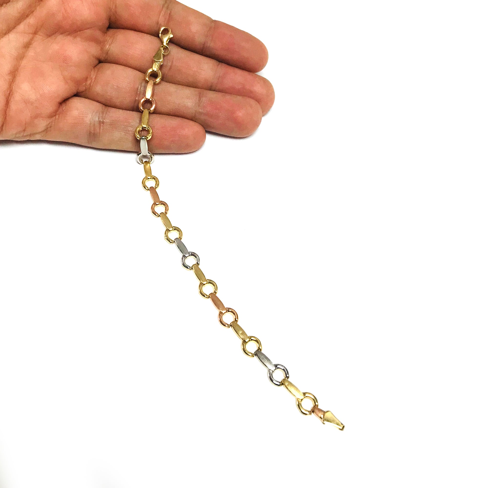 14k Yellow White And Rose Gold Links Fancy Bracelet, 7.25" fine designer jewelry for men and women