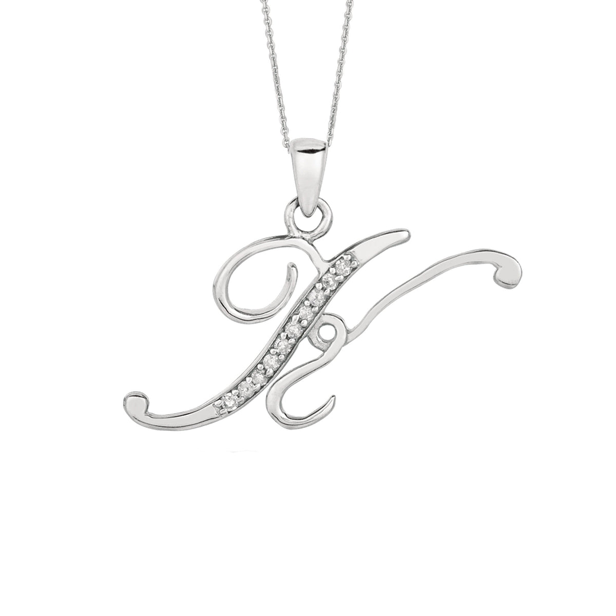 "K" Sterling Silver Rhodium Plated Script Initial Letter With Diamonds On 18 Inch Chain ( 0.05 Tcw) - JewelryAffairs