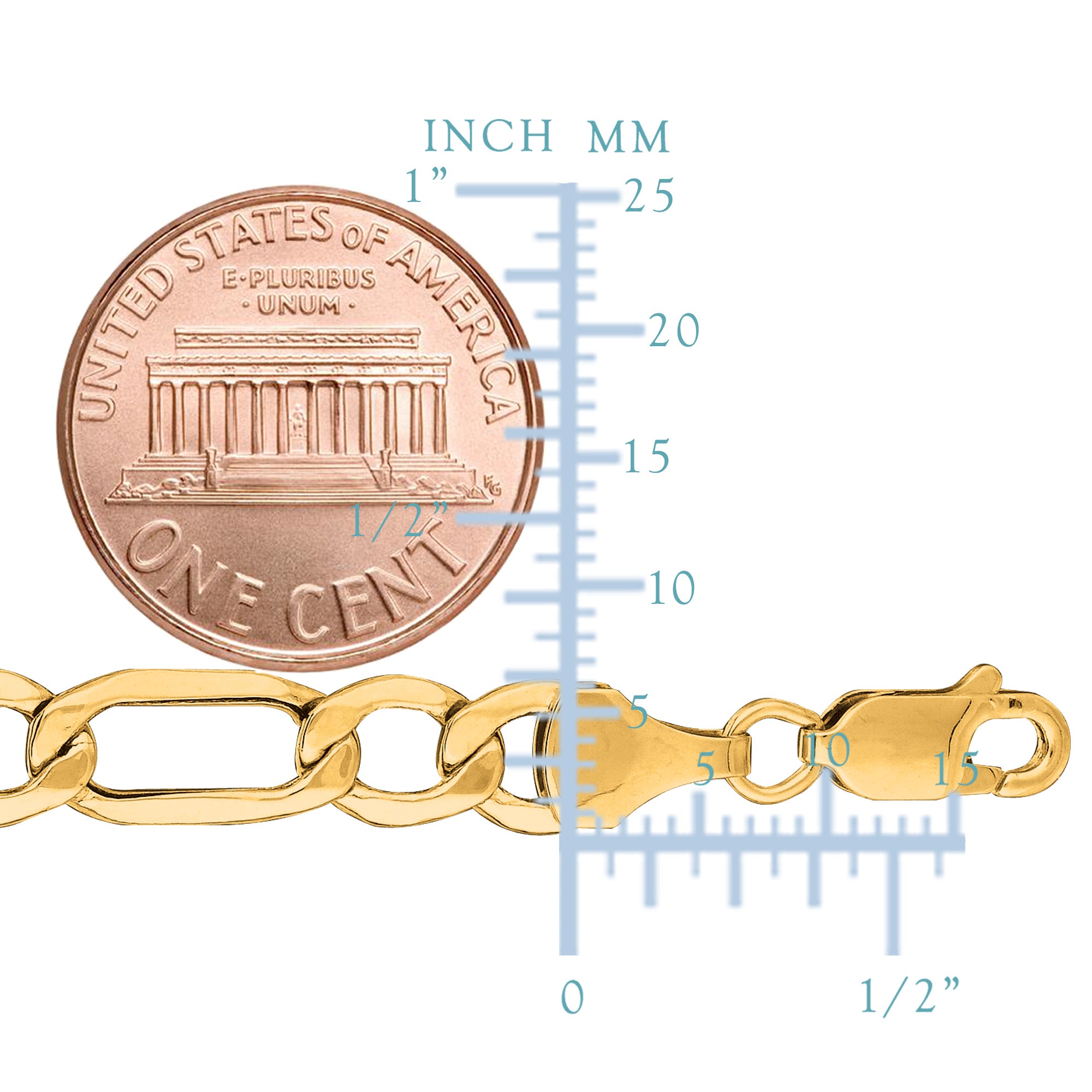 14k Yellow Gold Hollow Figaro Chain Bracelet, 6.5mm, 8.5"