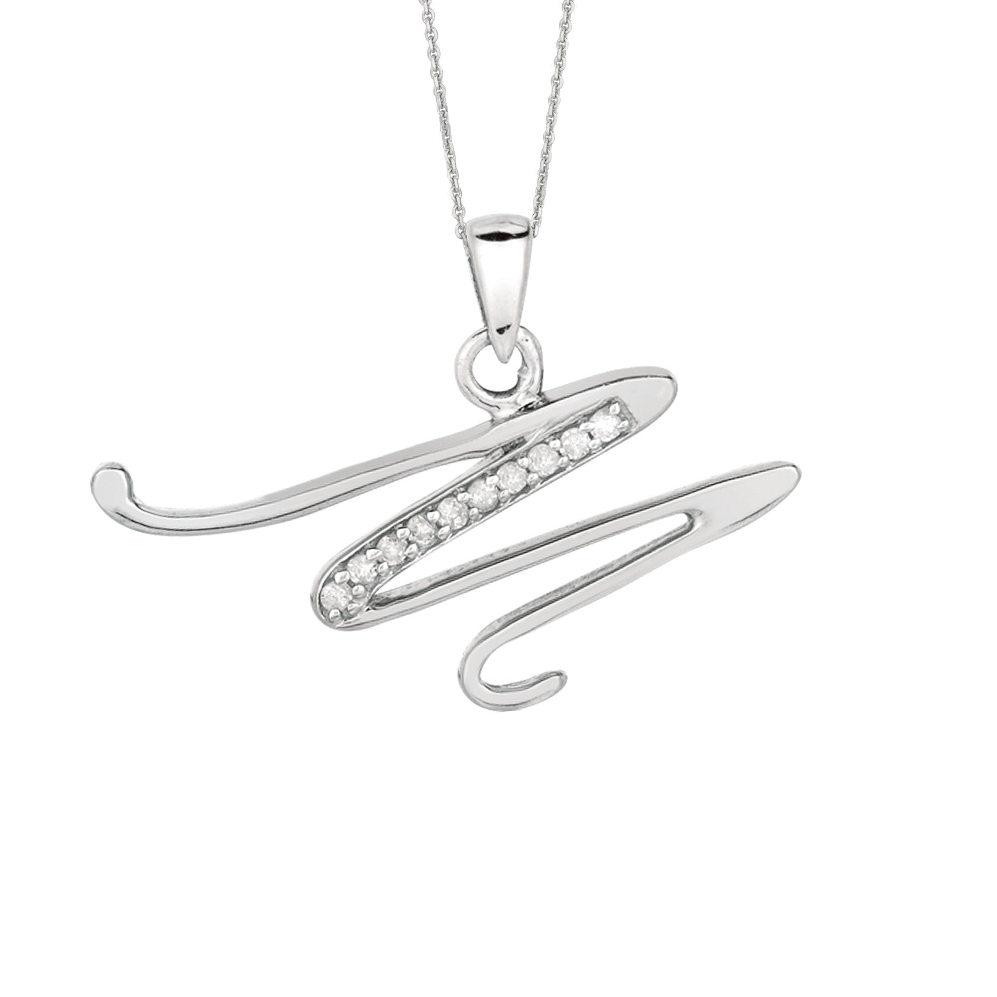 "M" Sterling Silver Rhodium Plated Script Initial Letter With Diamonds On 18 Inch Chain ( 0.05 Tcw) - JewelryAffairs