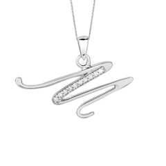 "M" Sterling Silver Rhodium Plated Script Initial Letter With Diamonds On 18 Inch Chain ( 0.05 Tcw) - JewelryAffairs