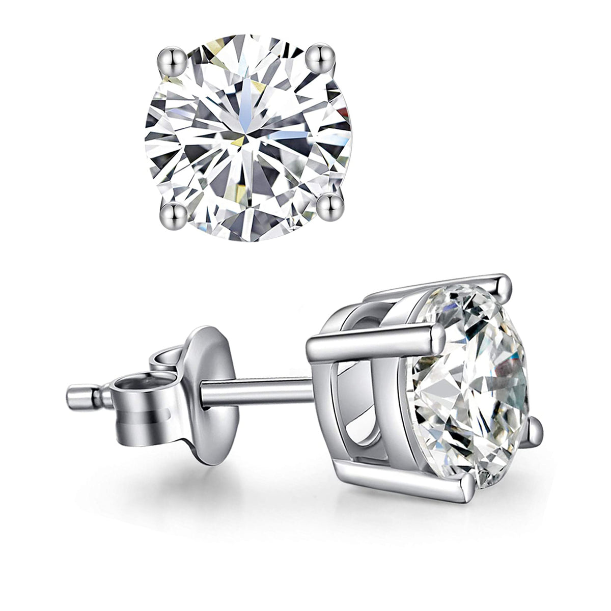 Sterling Silver Rhodium Finish Round Cubic Zirconia Stud Earring fine designer jewelry for men and women