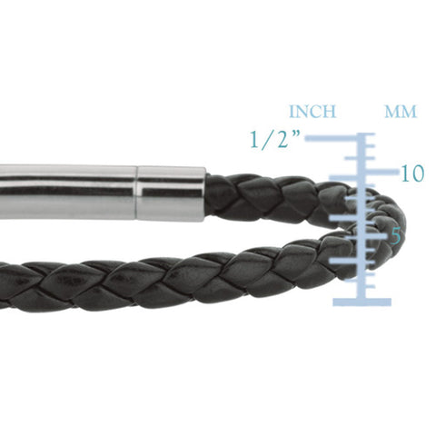Mens Breaded Black Leather Bracelet With Stainless Steel, 7.5"