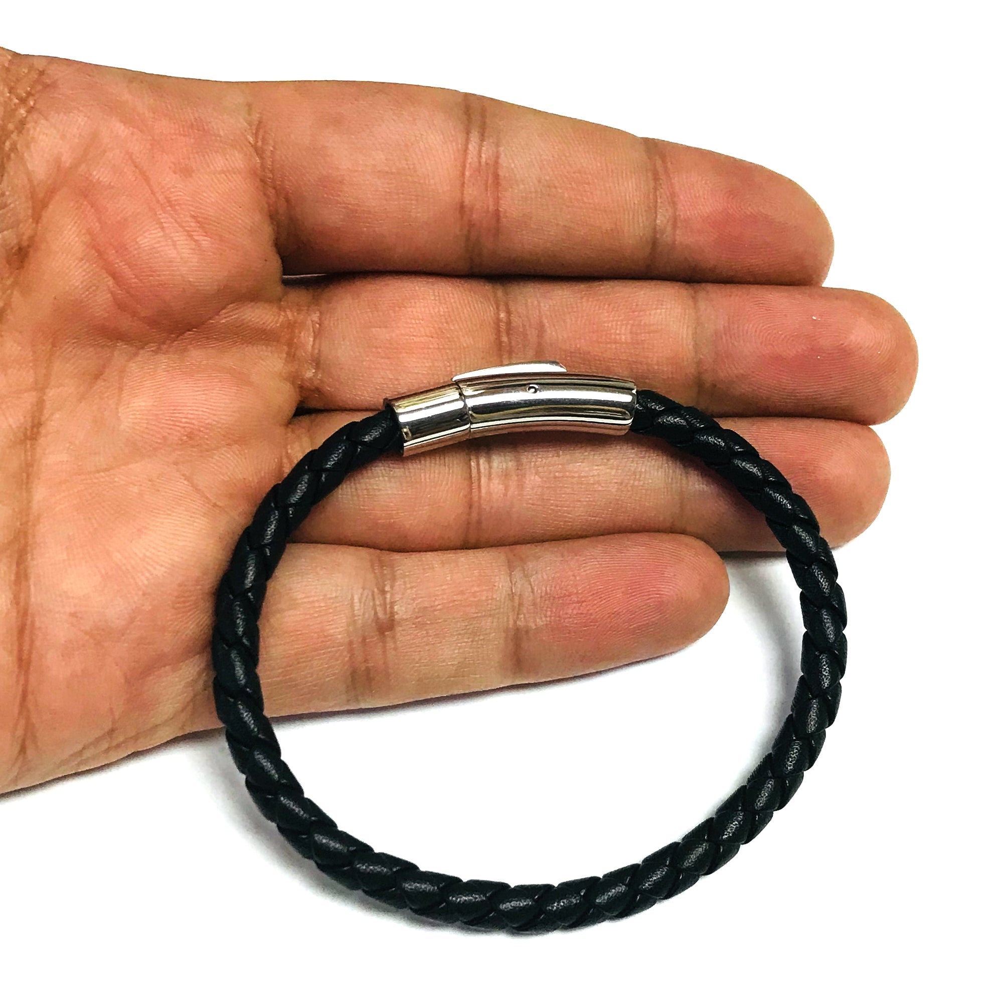 Mens Breaded Black Leather Bracelet With Stainless Steel, 7.5"