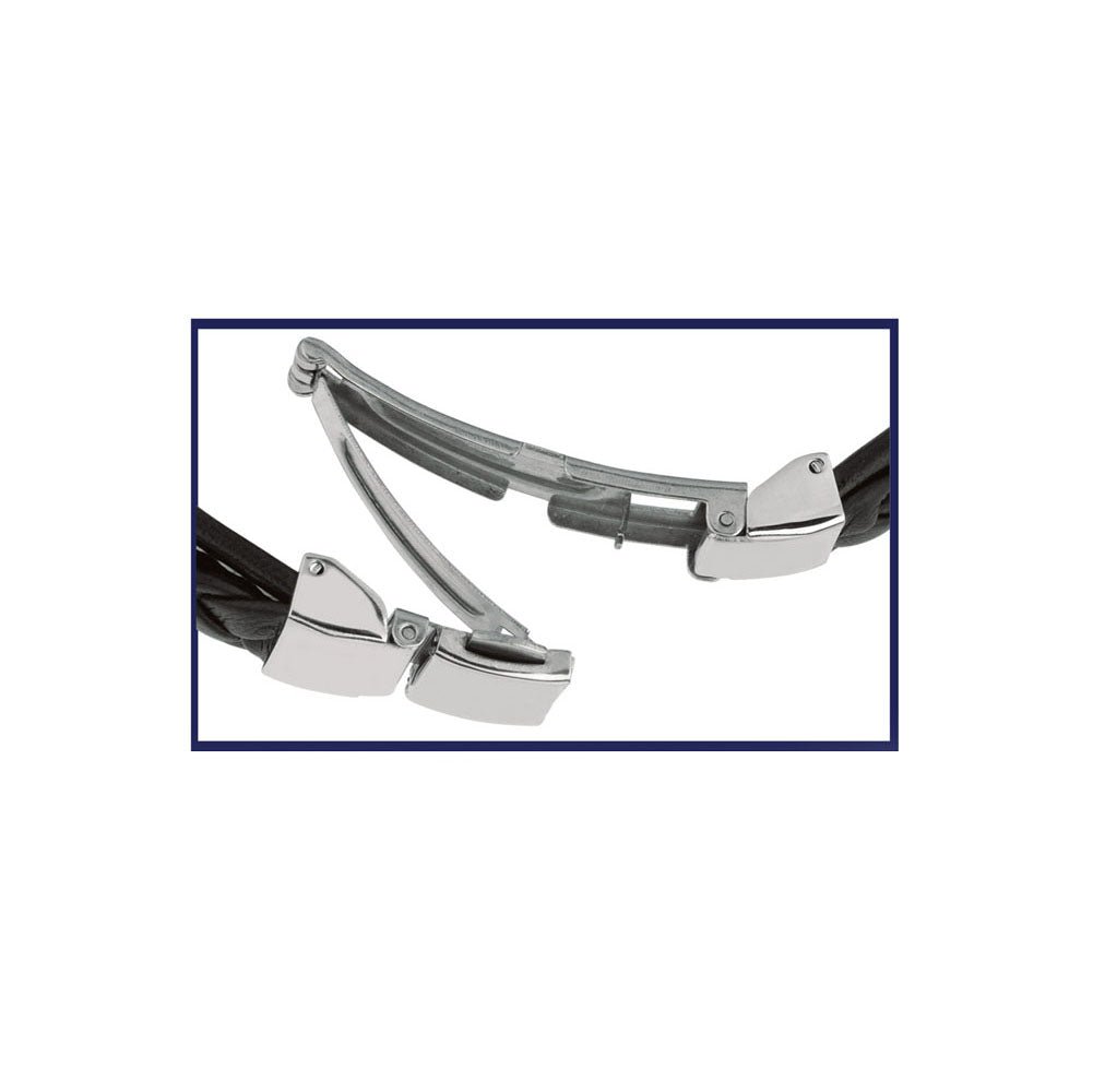 Mens Breaded Dark Leather Bracelet With Stainless Steel Ancors And Deployment Clasp, 8.5"