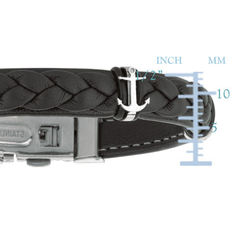 Mens Breaded Dark Leather Bracelet With Stainless Steel Ancors And Deployment Clasp, 8.5"
