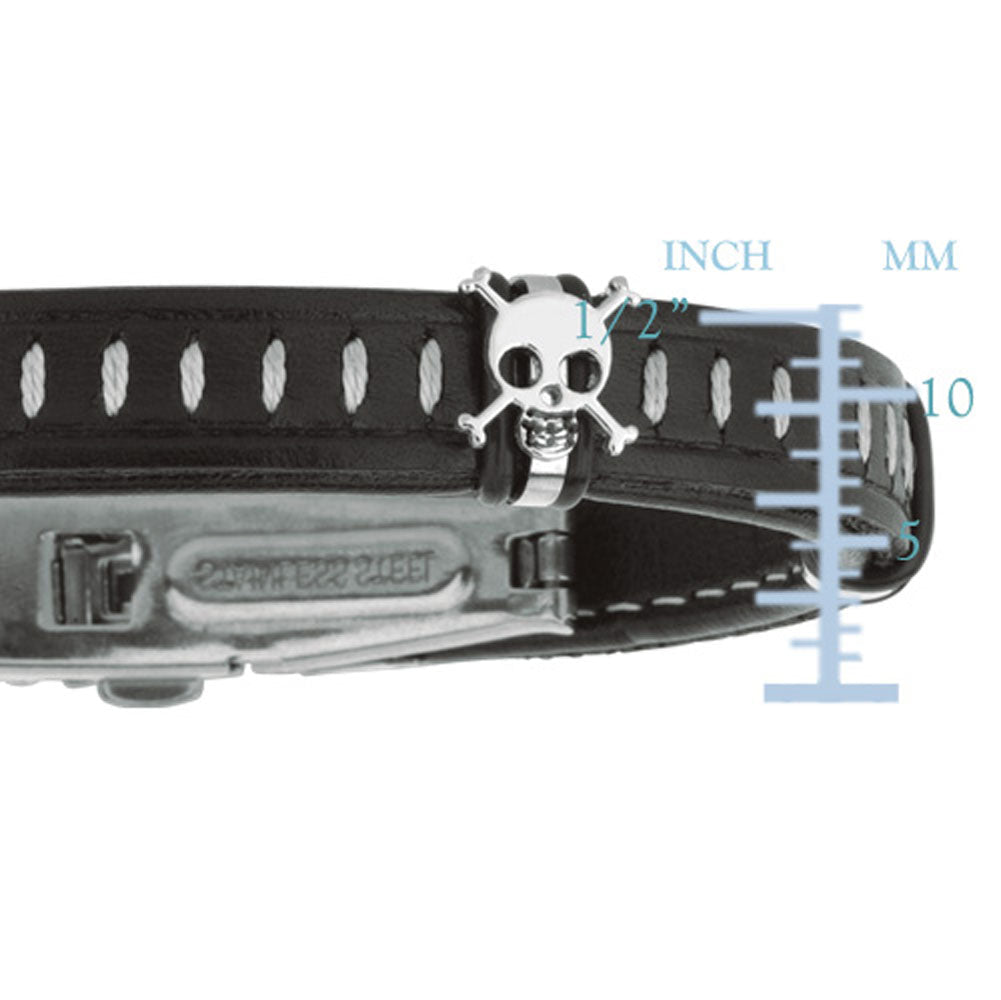 Mens Dark Leather Bracelet With Stainless Steel Skulls And Deployment Clasp, 8.5"