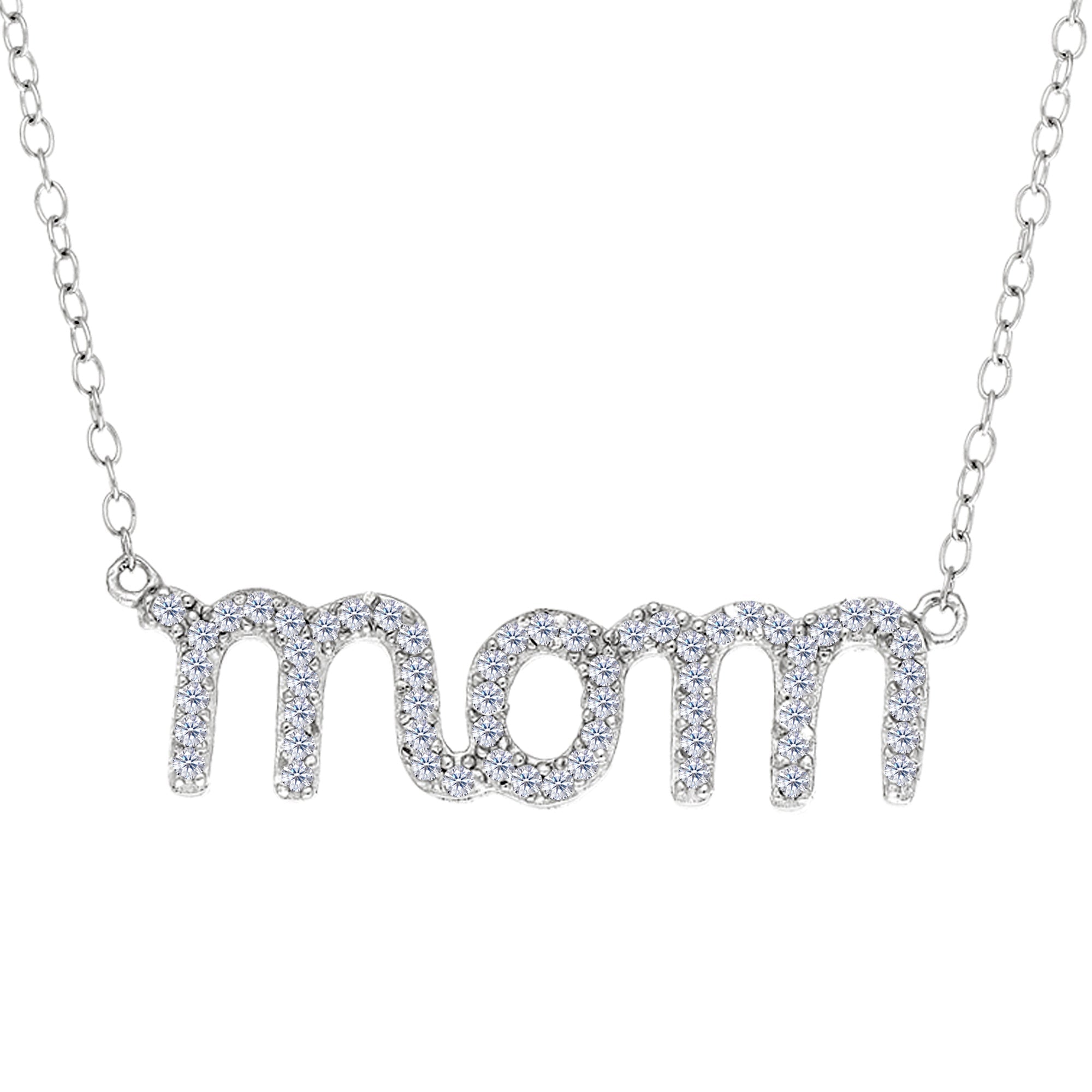 Mom Logo And CZ Necklace In Sterling Silver, 18" - JewelryAffairs