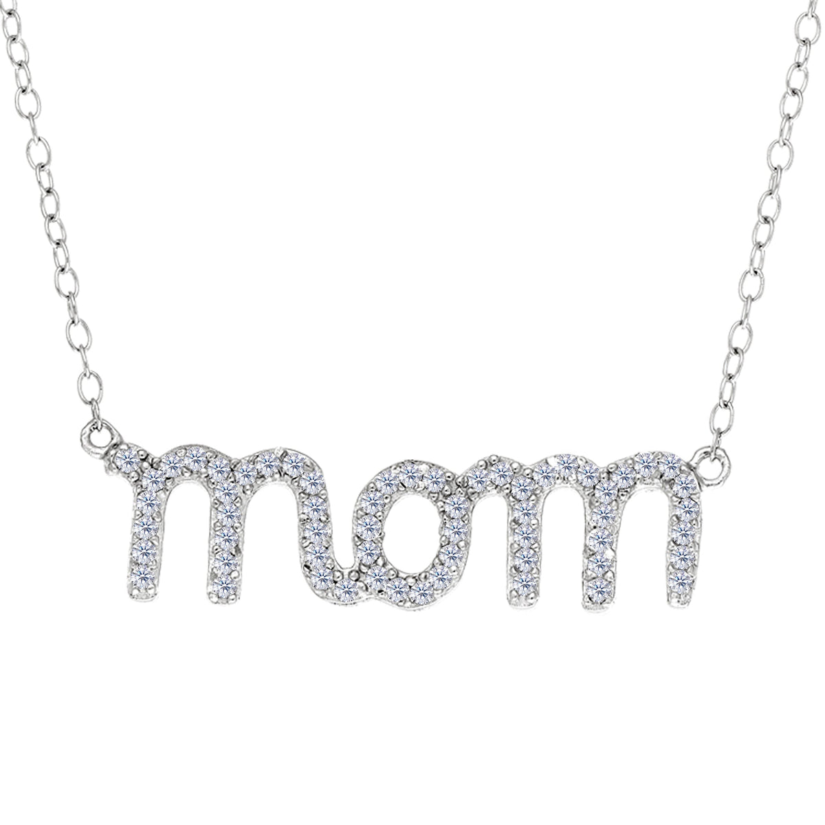 Mom Logo And CZ Necklace In Sterling Silver, 18" - JewelryAffairs