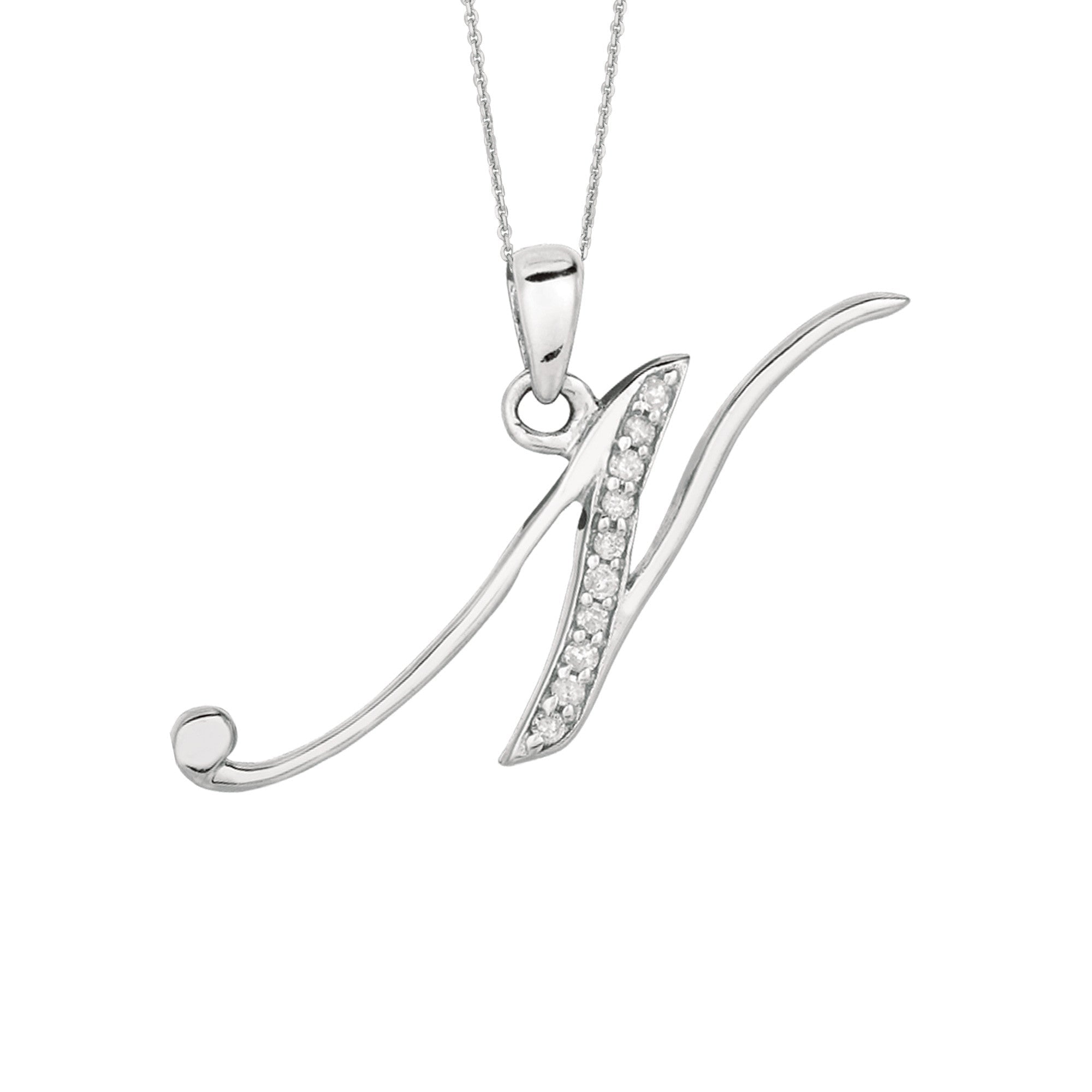"N" Sterling Silver Rhodium Plated Script Initial Letter With Diamonds On 18 Inch Chain ( 0.05 Tcw) - JewelryAffairs