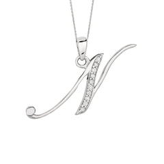 "N" Sterling Silver Rhodium Plated Script Initial Letter With Diamonds On 18 Inch Chain ( 0.05 Tcw) - JewelryAffairs
