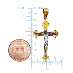 14k 2 Tone Gold Textured Finish Clover Tips Crucifix Pendant fine designer jewelry for men and women