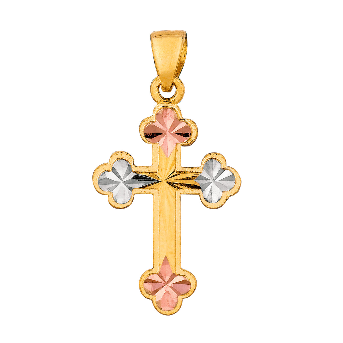 14k Tricolor Gold Shiny Diamond Cut Clover Tips Cross Pendant fine designer jewelry for men and women