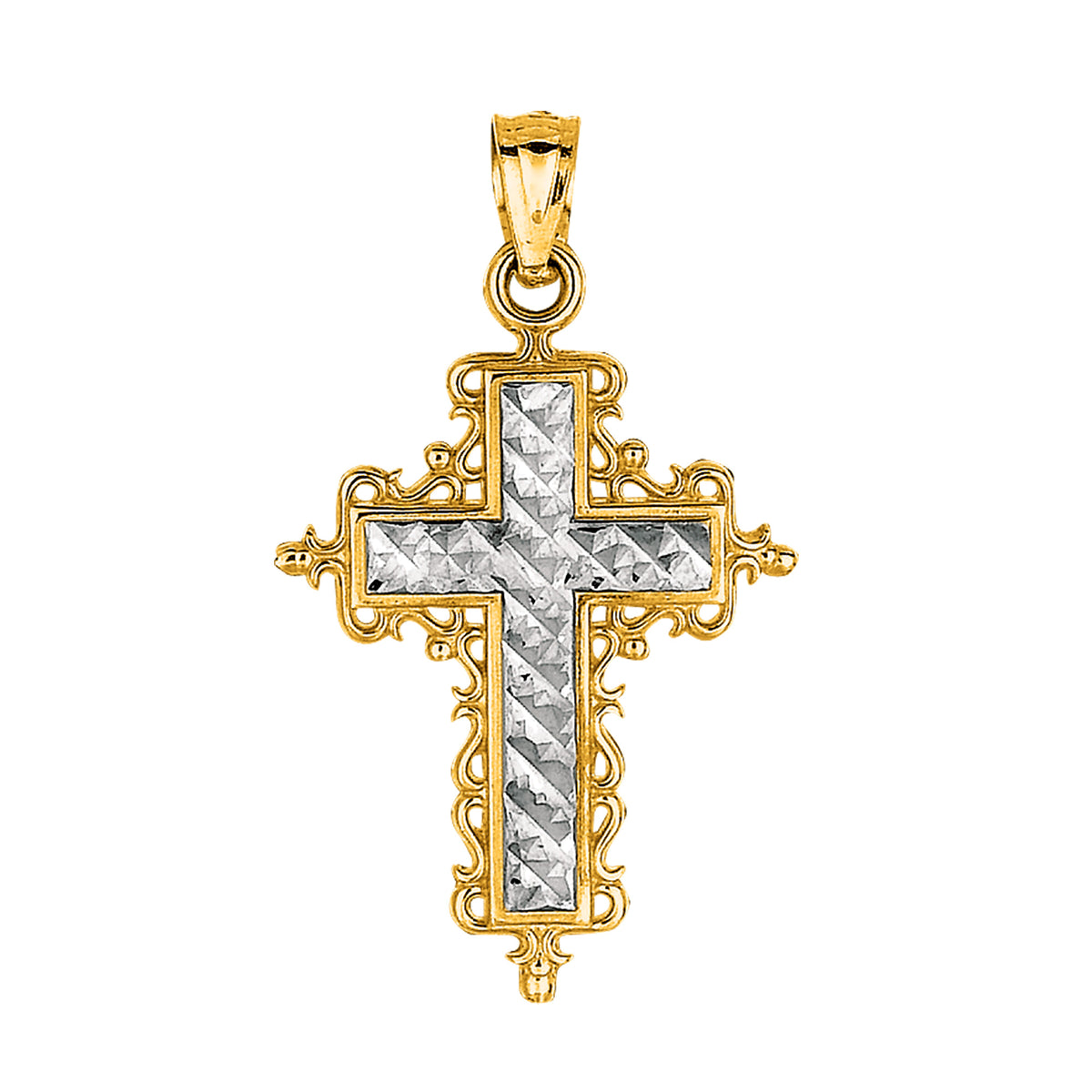 14k 2 Tone Gold Diamond Cut Round Filigree Design Cross Pendant fine designer jewelry for men and women