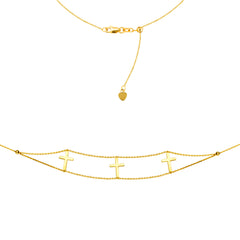 Triple Cross Choker 14k Yellow Gold Necklace, 16" Adjustable fine designer jewelry for men and women