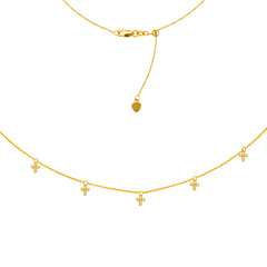 5 Cz Mini Crosses Choker 14k Yellow Gold Necklace, 16" Adjustable fine designer jewelry for men and women