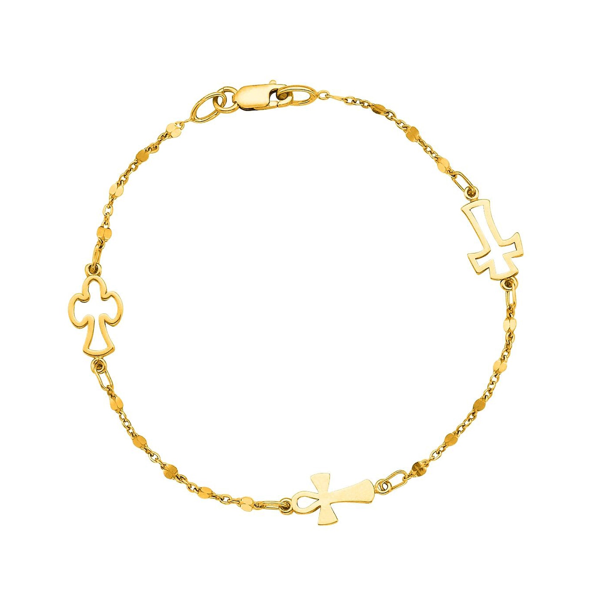 14K Yellow Gold Cable Chain Bead And Cross Bracelet, 7" fine designer jewelry for men and women