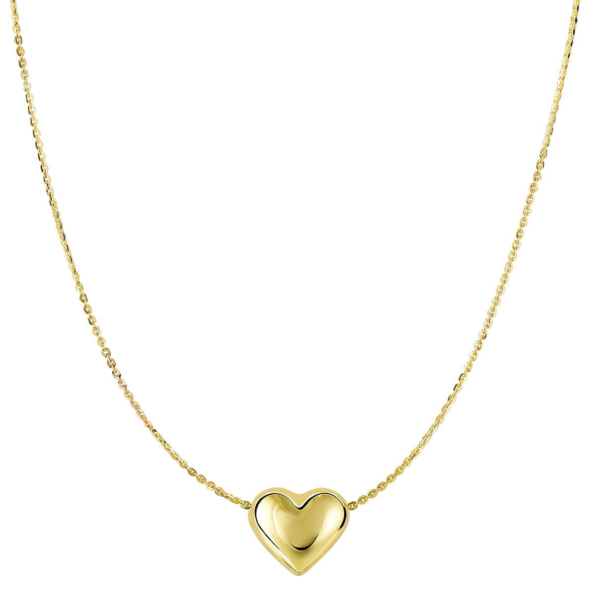 14k Yellow Gold Sliding Puffed Heart Pendant Necklace, 18" fine designer jewelry for men and women