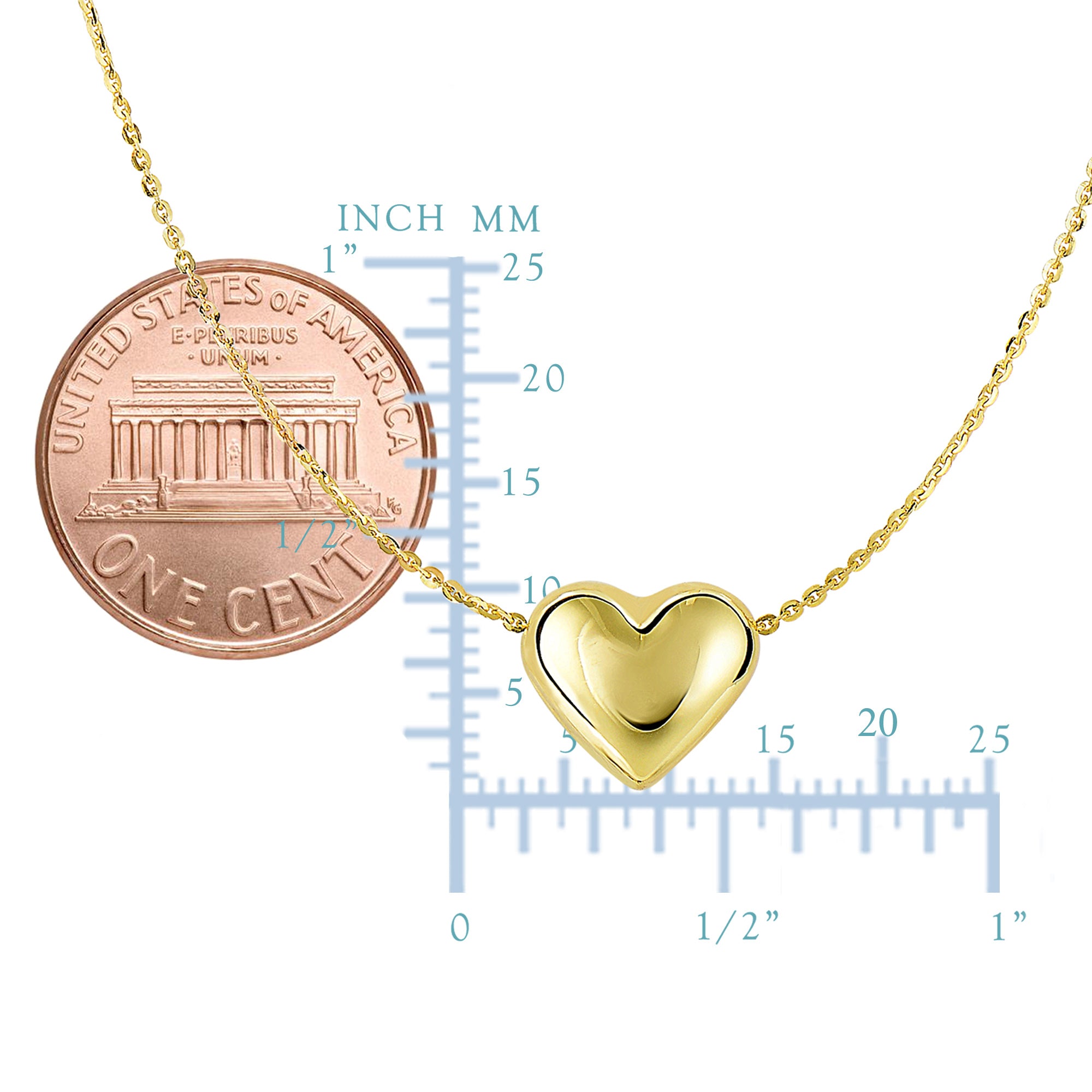 14k Yellow Gold Sliding Puffed Heart Pendant Necklace, 18" fine designer jewelry for men and women