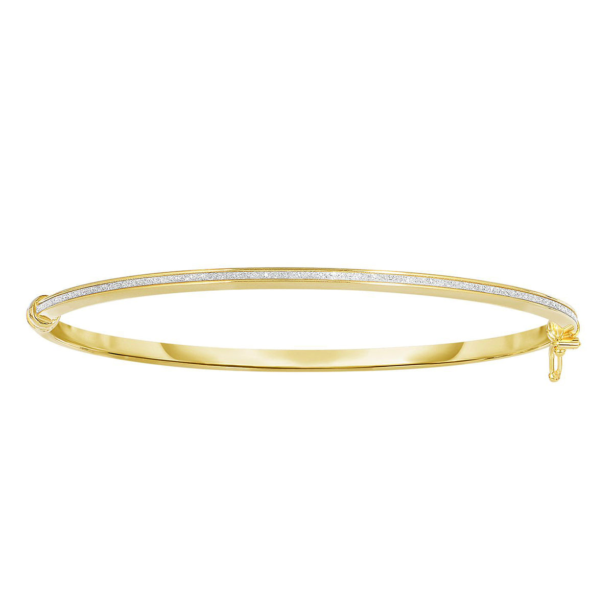 14k Yellow Gold Shiny Oval Shape White Glitter Bangle Bracelet, 7.25" fine designer jewelry for men and women