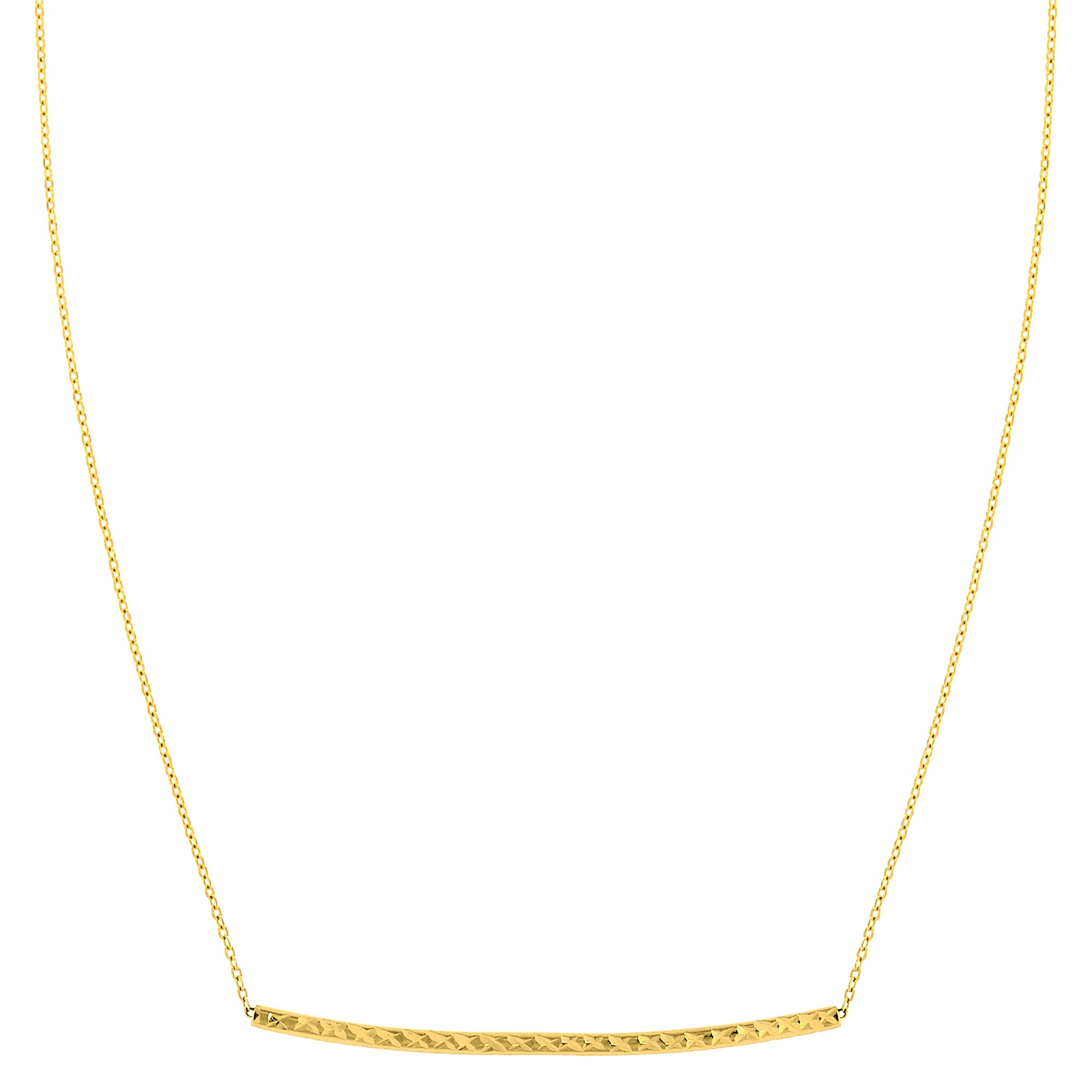 14K Yellow Gold Sideways Curved Bar Pendant Necklace, 17" fine designer jewelry for men and women