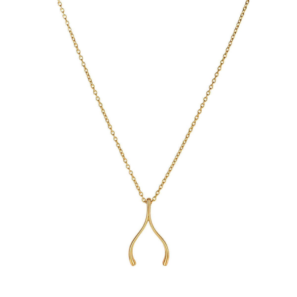 14k Yellow Gold Wishbone Charm Chain Necklace, 17" fine designer jewelry for men and women