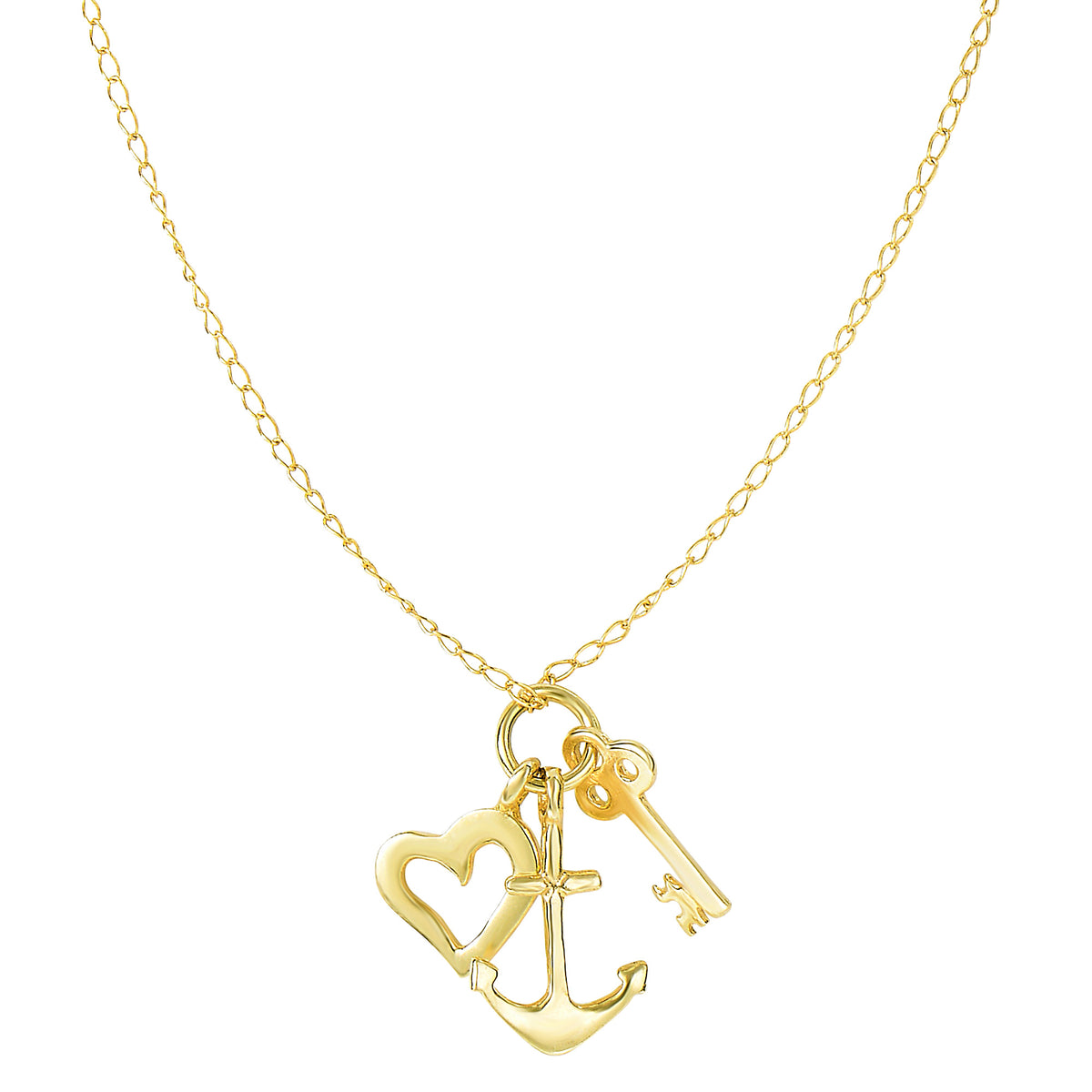 14k Yellow Gold Key Anchor And Heart Charms Necklace, 18" fine designer jewelry for men and women