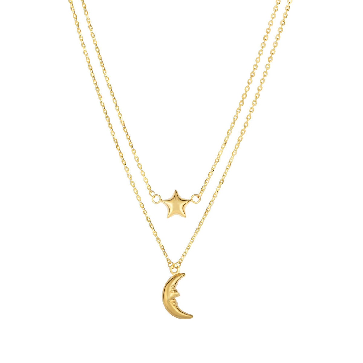 14k Yellow Gold Moon And Star On Single In to Double Graduated Strand Necklace, 18" fine designer jewelry for men and women