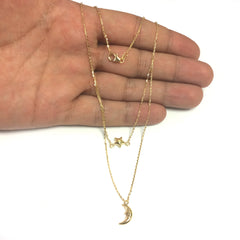 14k Yellow Gold Moon And Star On Single In to Double Graduated Strand Necklace, 18" fine designer jewelry for men and women