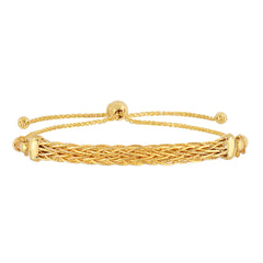 14K Yellow Gold Diamond Cut Round Wheat Adjustable Bracelet With Arched Weave Center Element, 9.25" fine designer jewelry for men and women