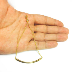 14K Yellow Gold Diamond Cut Round Wheat Adjustable Bracelet With Shiny Arched Bar Center Element, 9.25" fine designer jewelry for men and women