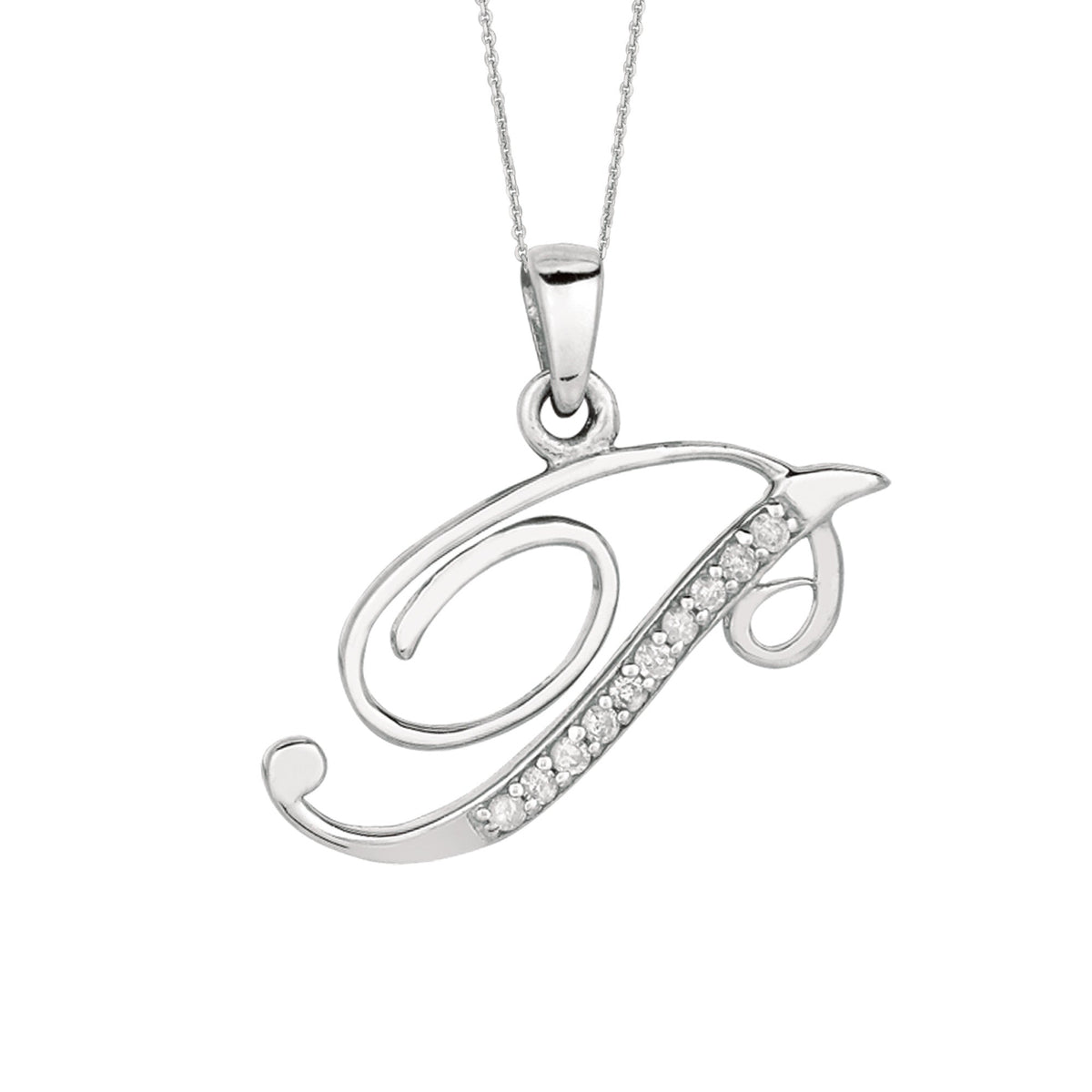 "P" Sterling Silver Rhodium Plated Script Initial Letter With Diamonds On 18 Inch Chain ( 0.05 Tcw) - JewelryAffairs