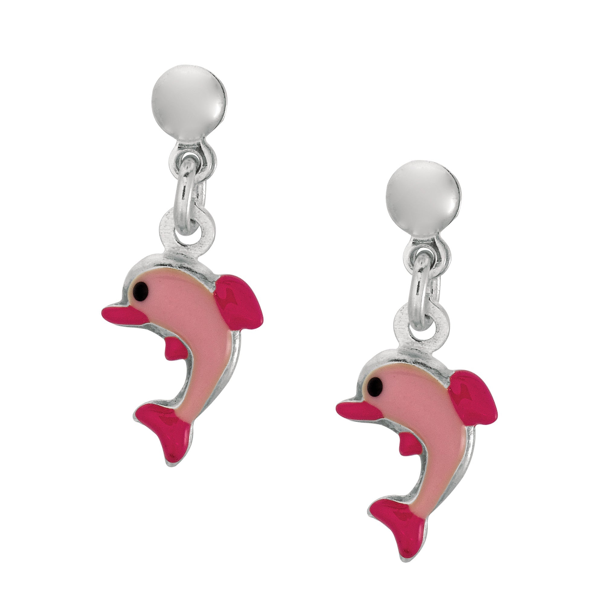 Pink Enamel Dolphin Dangle Earrings In Sterling Silver