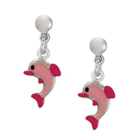 Pink Enamel Dolphin Dangle Earrings In Sterling Silver
