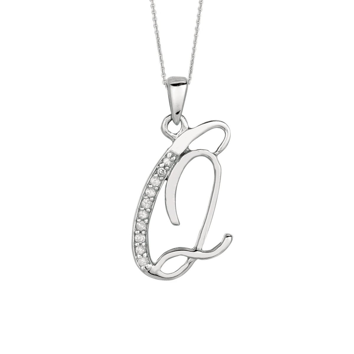 "Q" Sterling Silver Rhodium Plated Script Initial Letter With Diamonds On 18 Inch Chain ( 0.05 Tcw) - JewelryAffairs
