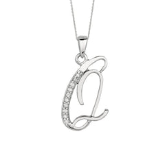 "Q" Sterling Silver Rhodium Plated Script Initial Letter With Diamonds On 18 Inch Chain ( 0.05 Tcw) - JewelryAffairs