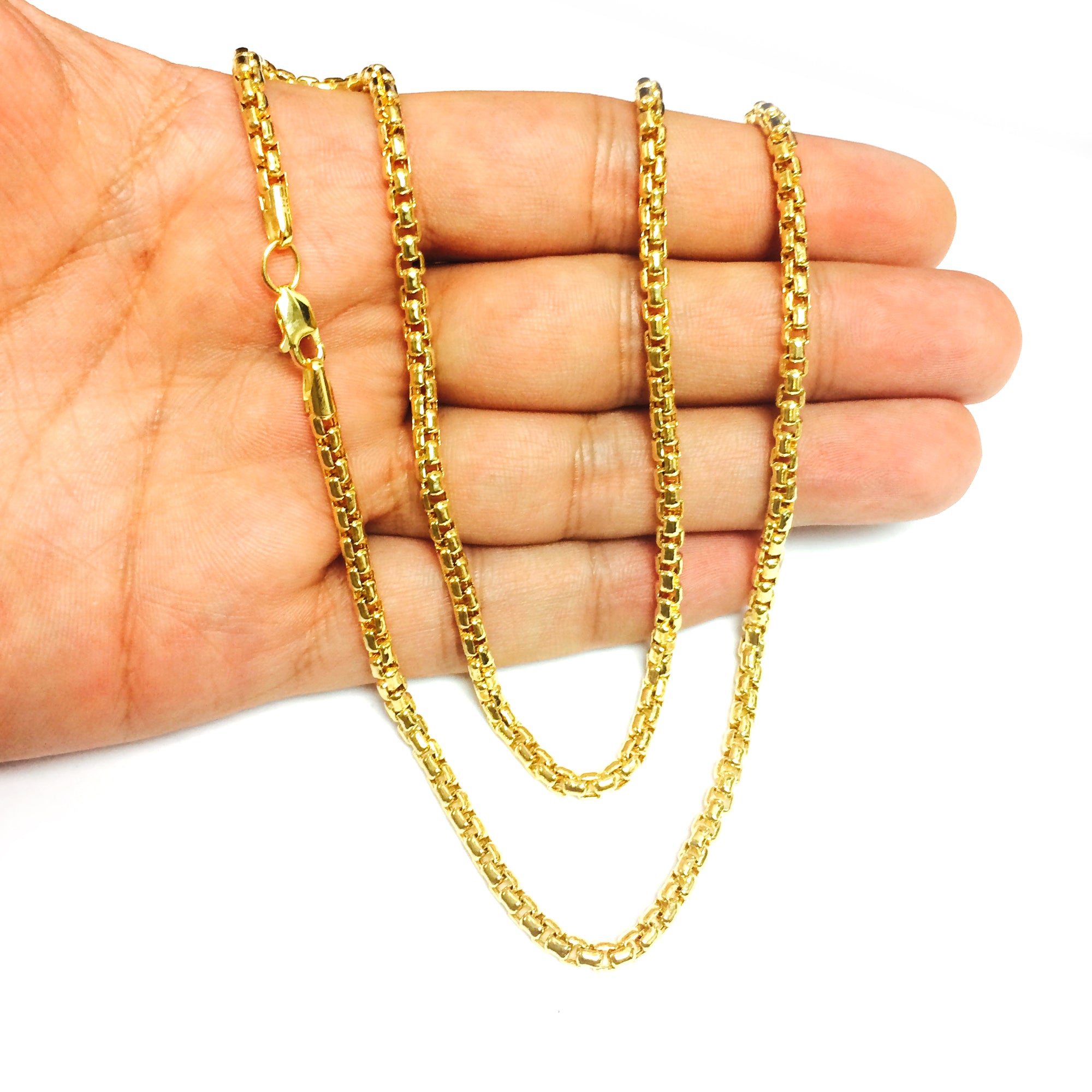 14k Yellow Gold Round Box Chain Necklace, 3.4mm fine designer jewelry for men and women