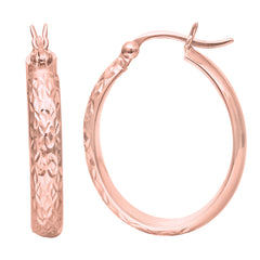 14K Rose Gold Hammered Polished Oval Hoop Earrings fine designer jewelry for men and women