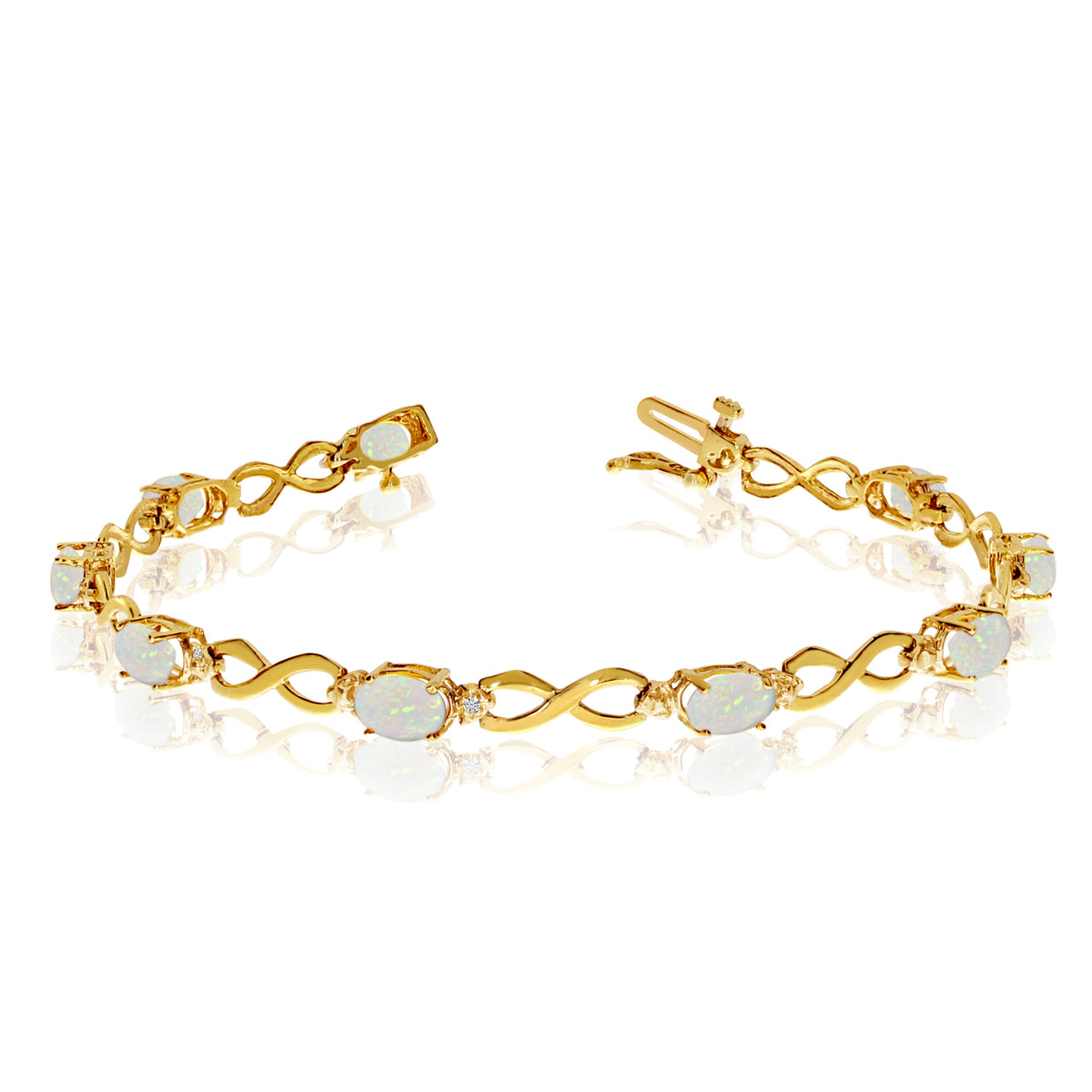 10K Yellow Gold Oval Opal Stones And Diamonds Infinity Tennis Bracelet, 7"
