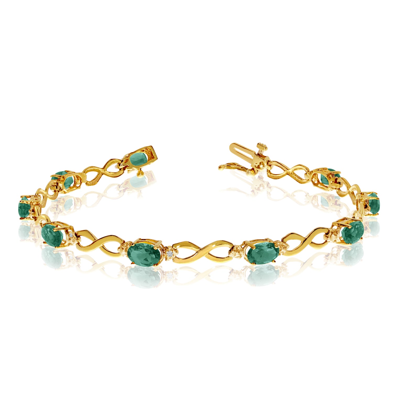 14K Yellow Gold Oval Emerald Stones And Diamonds Infinity Tennis Bracelet, 7" fine designer jewelry for men and women