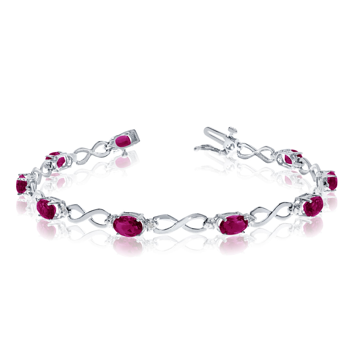 14K White Gold Oval Ruby Stones And Diamonds Infinity Tennis Bracelet, 7" fine designer jewelry for men and women