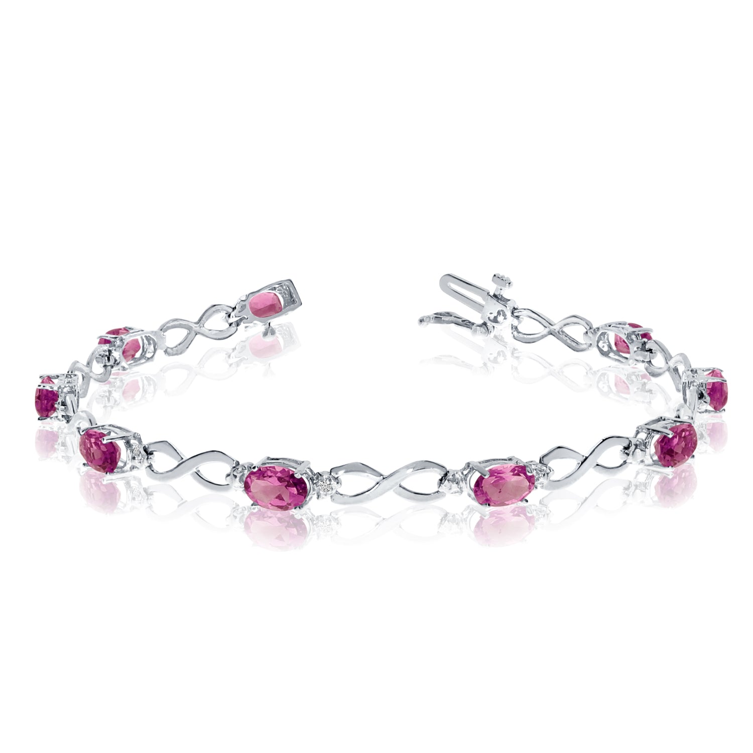 14K White Gold Oval Pink Topaz Stones And Diamonds Infinity Tennis Bracelet, 7" fine designer jewelry for men and women